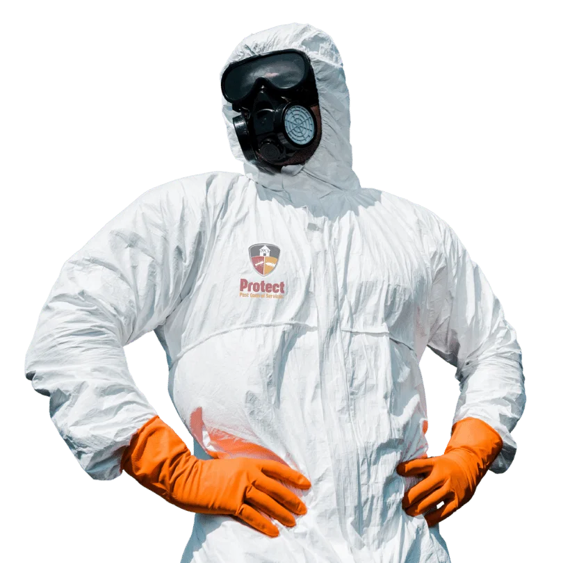 Pest control services technician with a satisfaction vibe standing confidently in front of happy clients after successful pest control treatment.